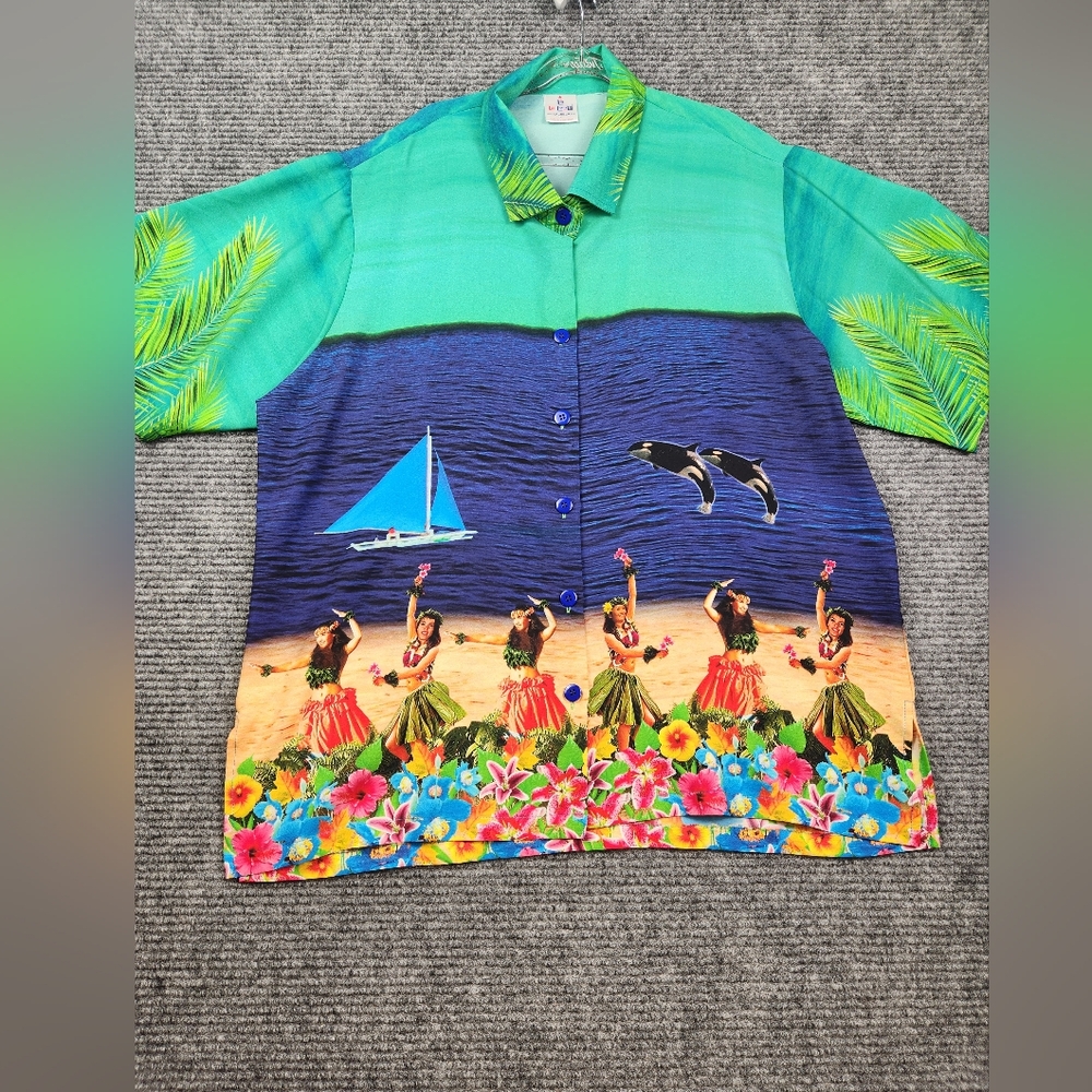 LA LEELA Mens Hawaiian Short Sleeve Button Down Shirt Sz L Island Dolphin Hula